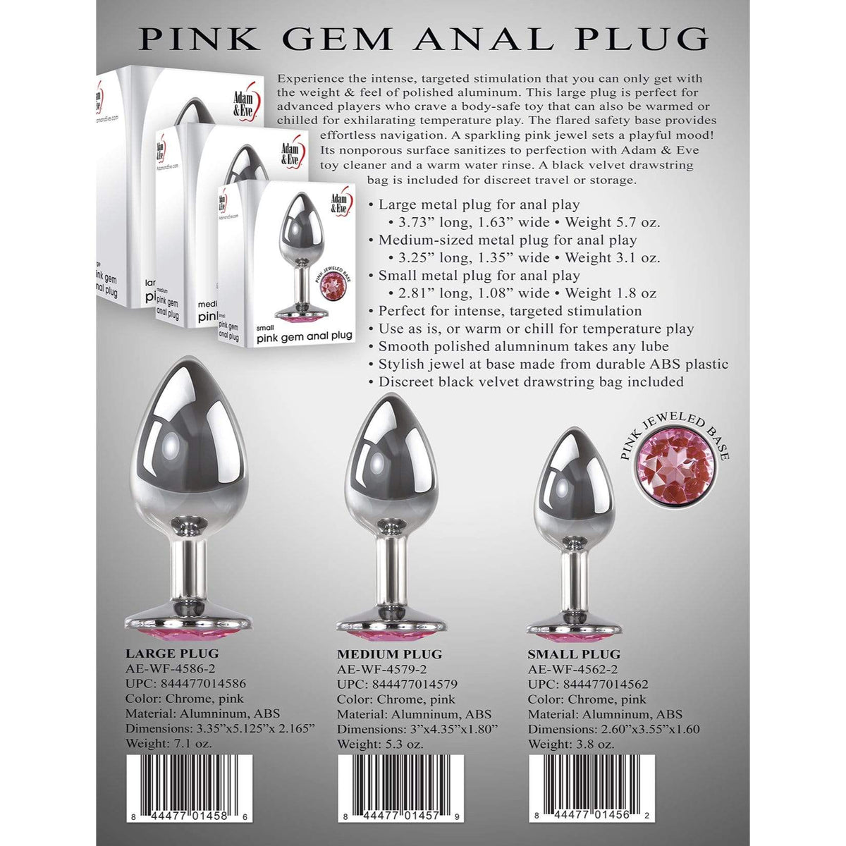 Adam &amp; Eve - Pink Gem Aluminium Anal Plug Medium (Silver)    Metal Anal Plug (Non Vibration)