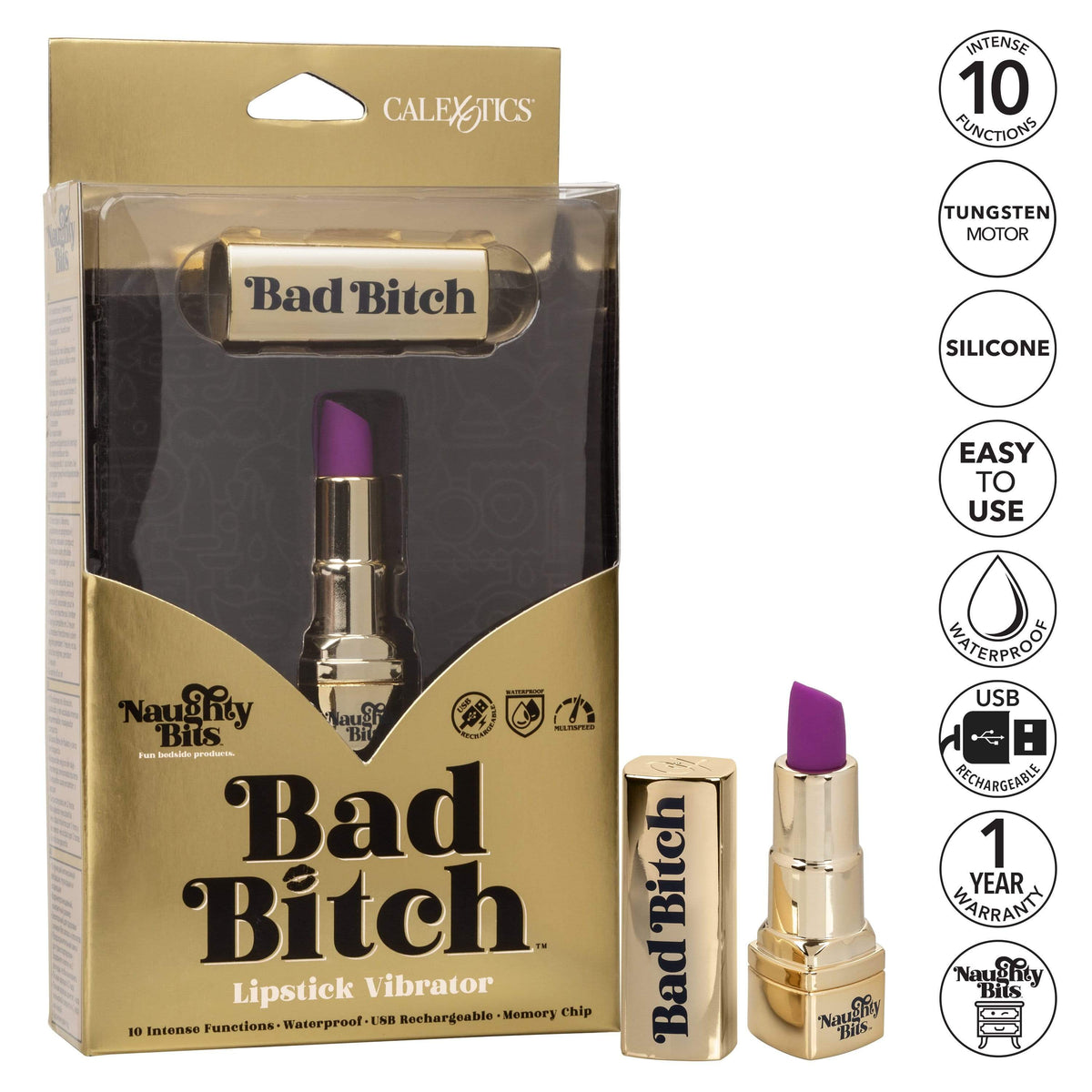 California Exotics - Naughty Bits Bad Bitch Discreet Lipstick Vibrator (Gold) CE1757 CherryAffairs