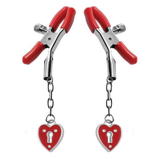 Master Series - Crimson Tied Collection Charmed Heart Padlock Nipple Clamps (Red)    Nipple Clamps (Non Vibration)