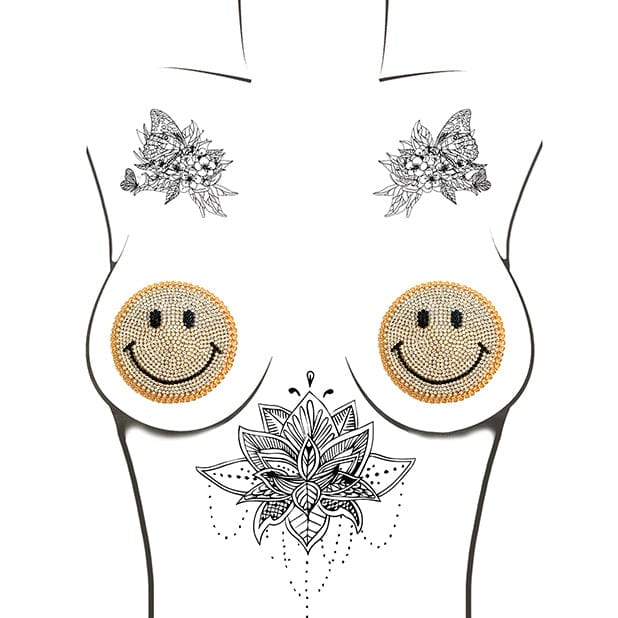 Neva Nude - Burlesque Smile Face Jewel Reusable Silicone Pasties Nipple Covers O/S (Gold) Nipple Covers 614608261796 CherryAffairs