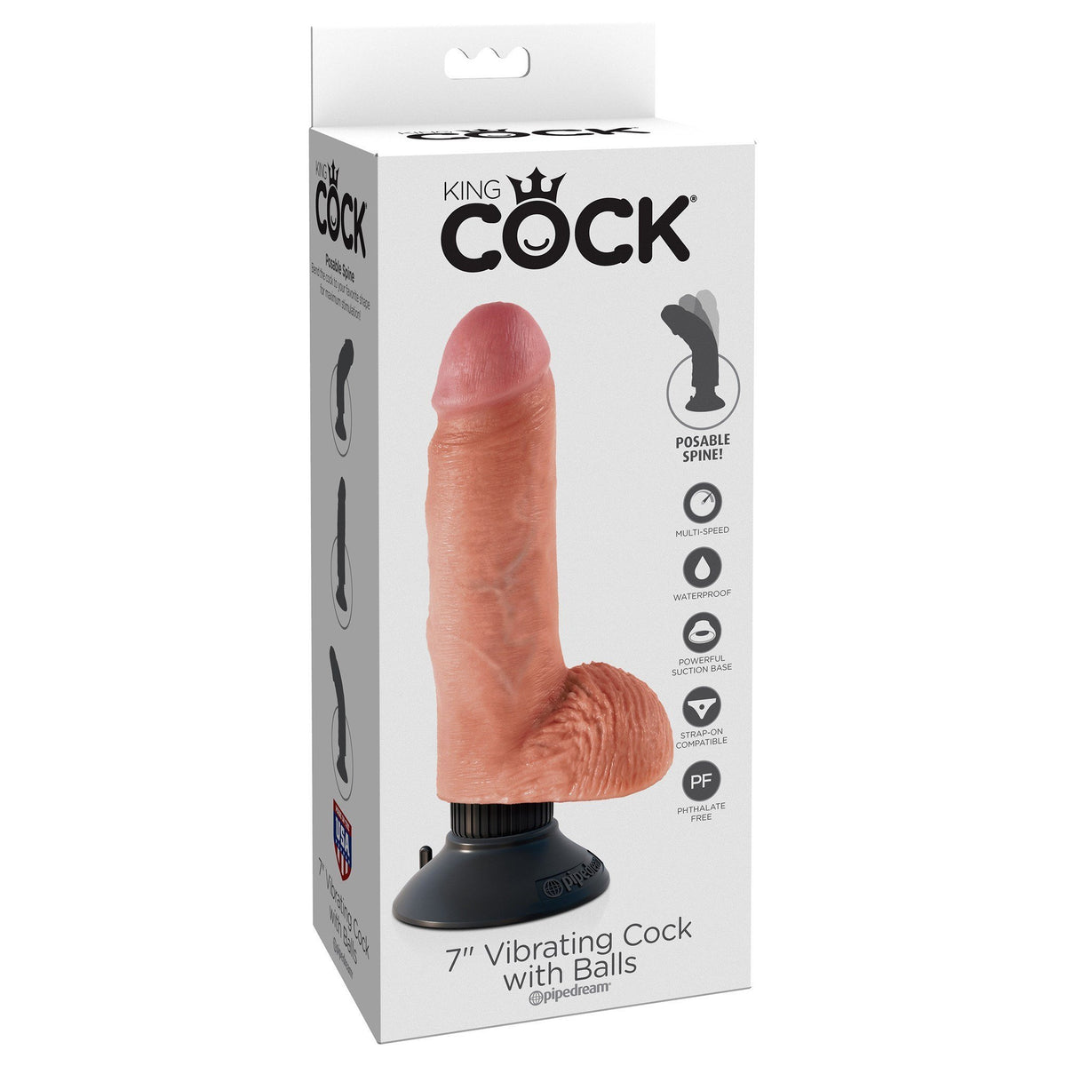 Pipedream - King Cock 7&quot; Vibrating Cock with Balls (Beige)    Realistic Dildo with suction cup (Vibration) Non Rechargeable