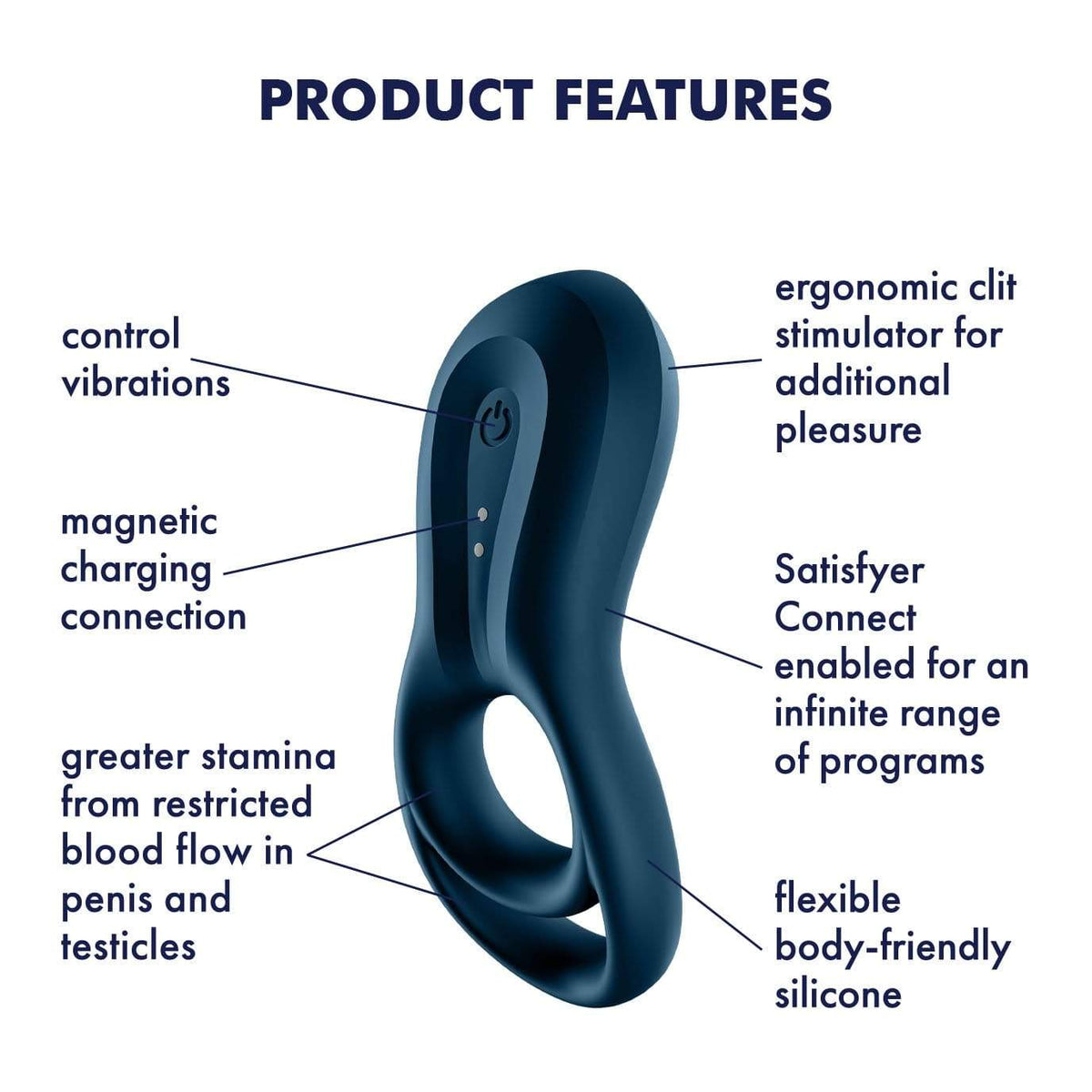 Satisfyer - Epic Duo Bluetooth App-Controlled Silicone Vibrating Cock Ring (Navy) -   CherryAffairs
